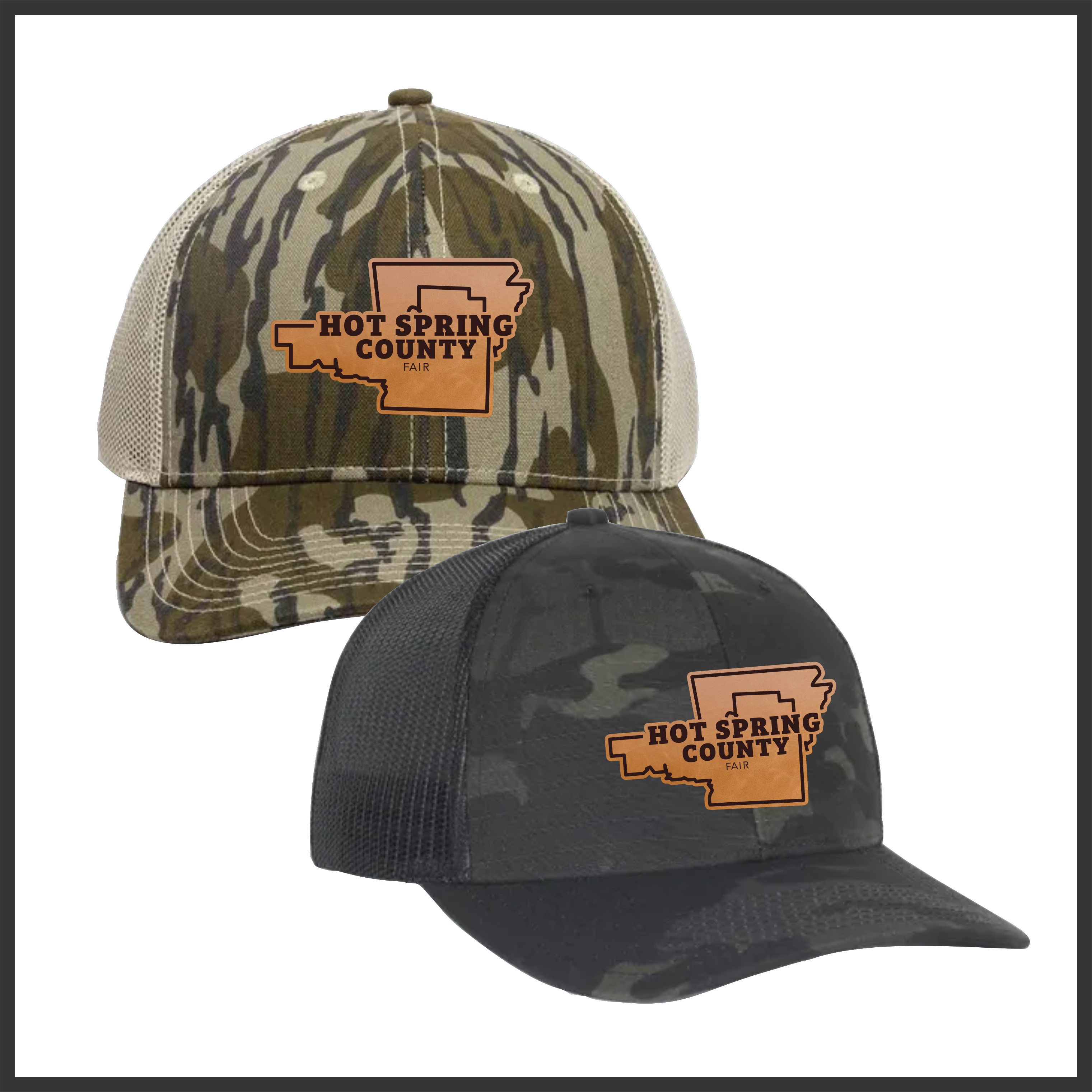 Hot Spring County Fair Snapback CAMO Trucker Hat *LEATHER PATCH*