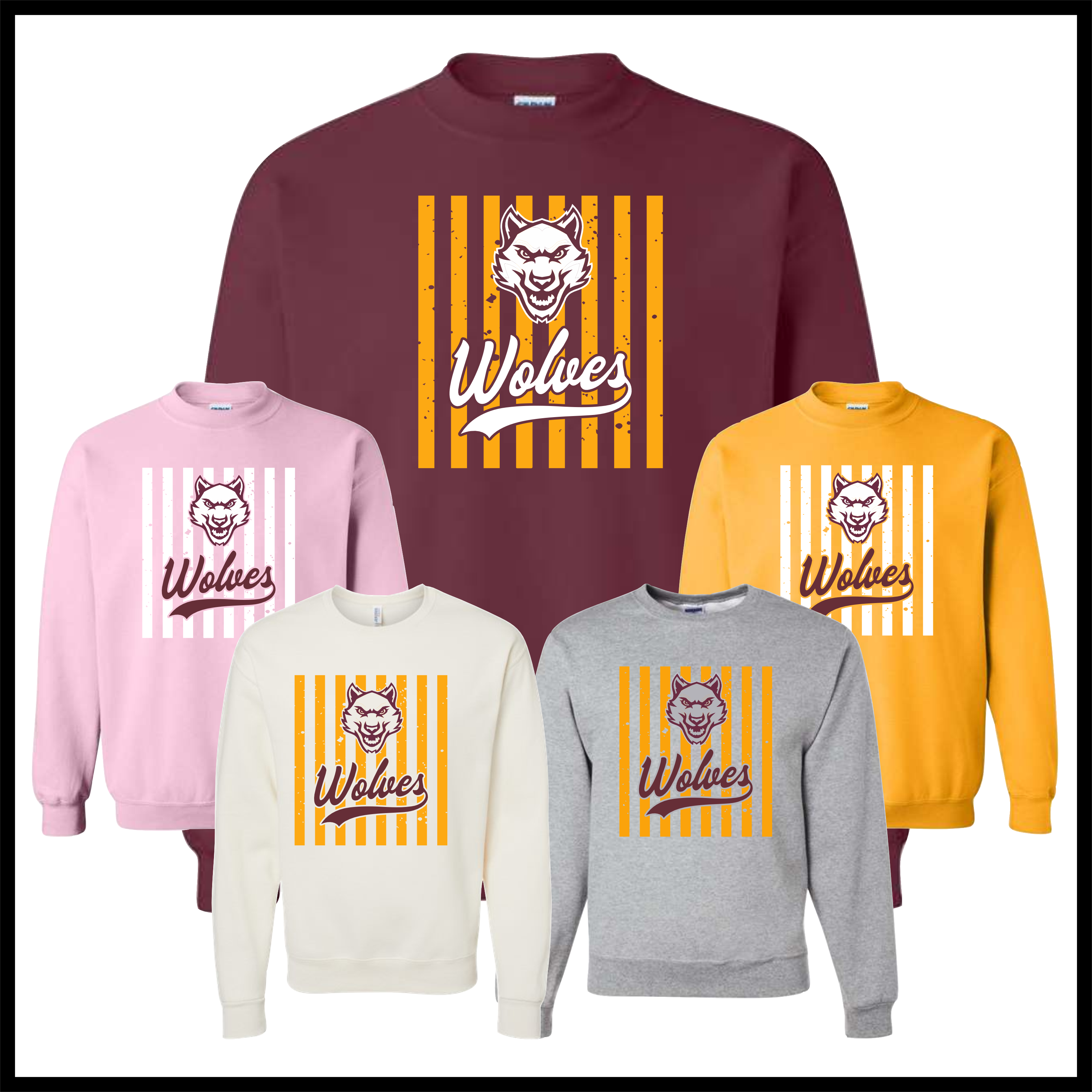 Lake Hamilton Striped Wolves Cotton Blend Crewneck Sweatshirt