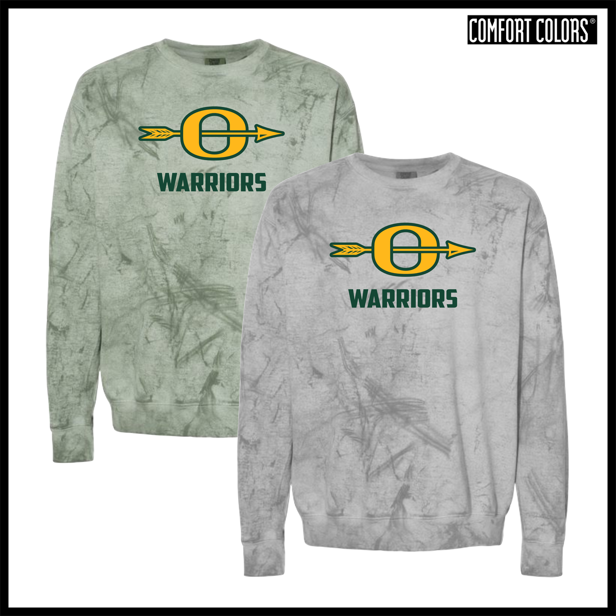 Ouachita O Logo + Warriors Text Comfort Colors Colorblast Crewneck Sweatshirt
